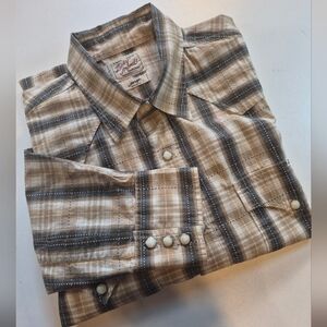 Lucky Brand Western Large Tan/Black Plaid Shirt Cotton Pearl Snap Buttons LS